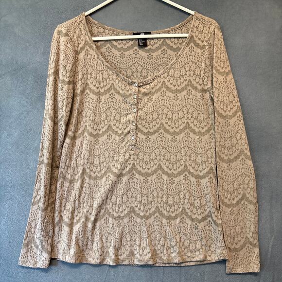 H&M Sheer Burnout Design Blouse Quarter Button Long Sleeve Cottagecore Fairy - Picture 1 of 16